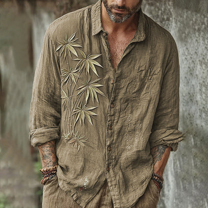 Men's Vintage Japanese Bamboo Embroidery Art Long Sleeve Linen Blend Shirt artswardrobe