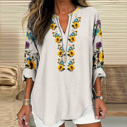 Comstylish Women's Ukraine Sunflower Art V-neck Casual Linen Blend Blouse