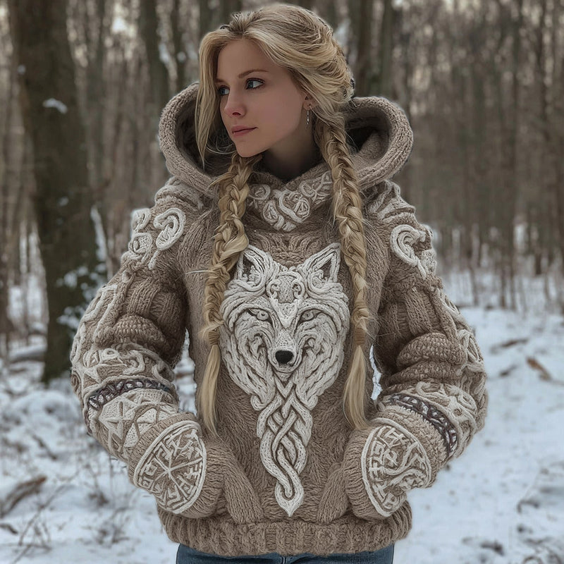 Baumwollmix-Kapuzenstrickjacke mit keltischem Wolfsmotiv