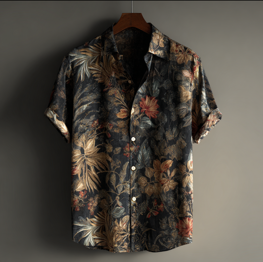 Bohemian Style Plant And Flower Pattern Men's Retro Cotton And Linen Shirt artswardrobe
