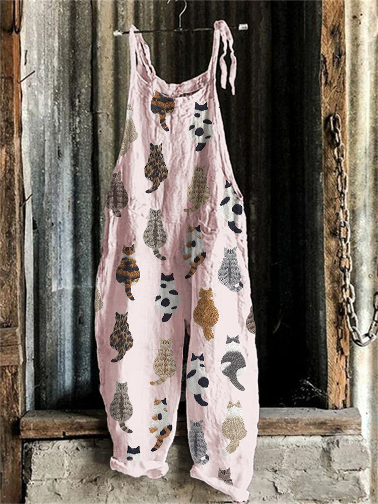 Comstylish Cute Cats Embroidery Pattern Linen Blend Casual Jumpsuit