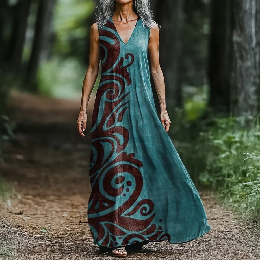 Women's Retro Geometric Print V-neck Midi Dress artswardrobe