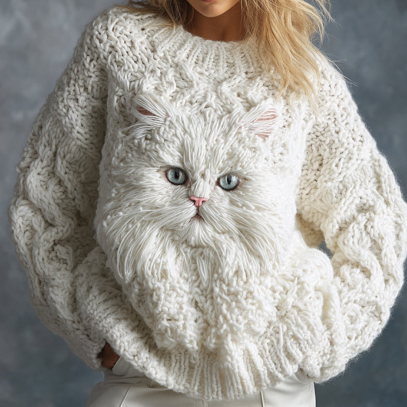 Wollpullover mit flauschigem weißem Katzengesicht
