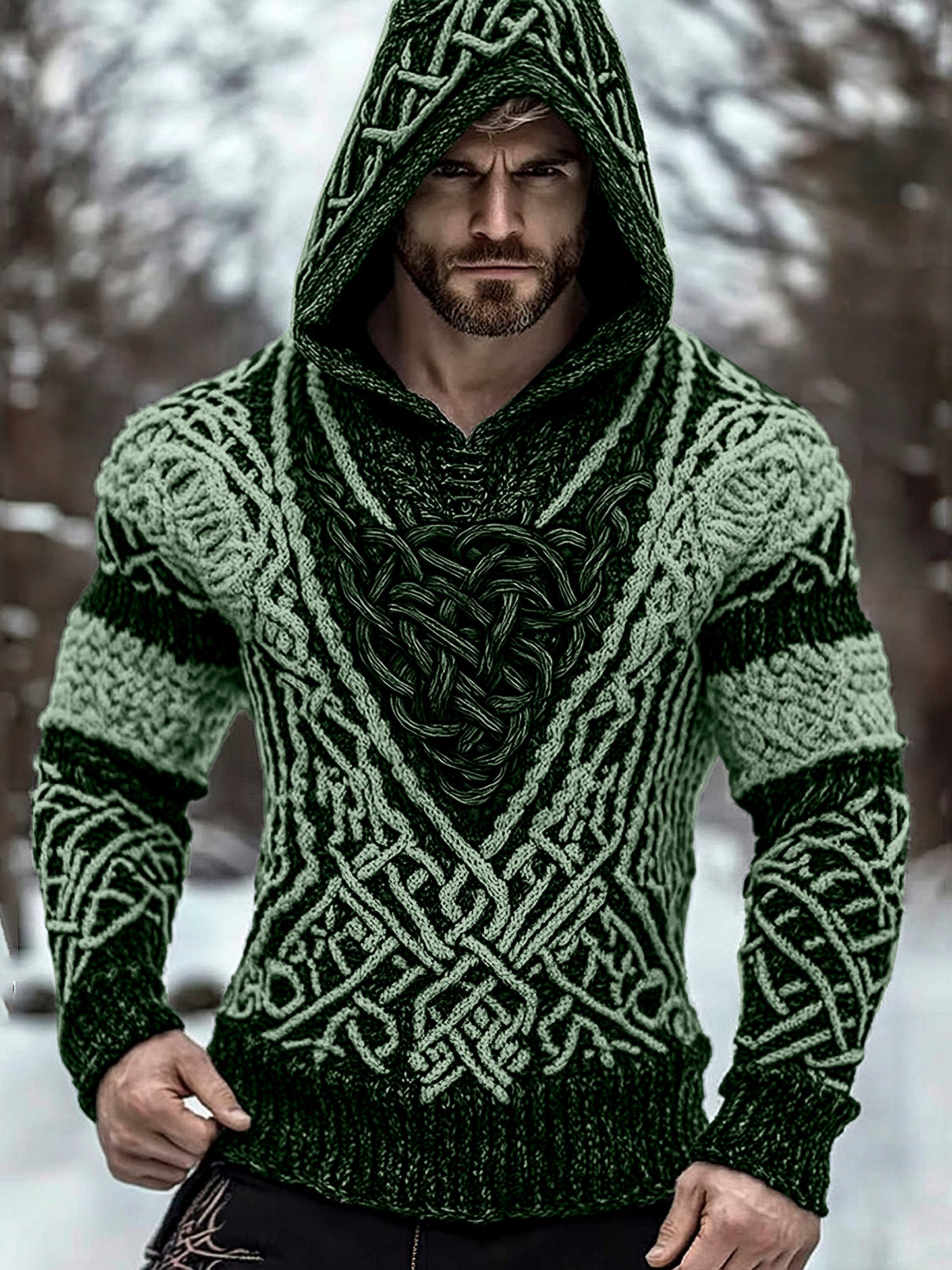 Men's Viking Jacquard Inspired Celtic Hooded Sweater artswardrobe