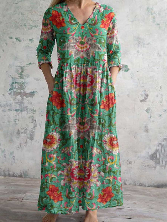 Women's V-neck  Abstract Art Floral Pattern Collar Cotton Dress With Pockets