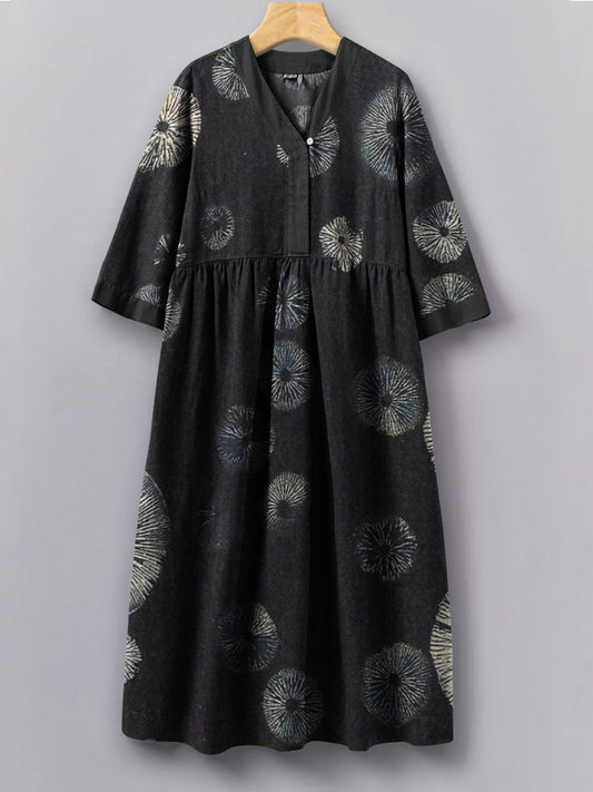 Vintage Japanese Traditional Sashiko Art Pattern Painting V-Neck Long 