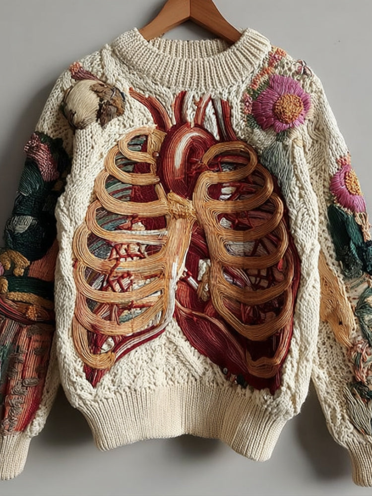 Wollpullover mit anatomischem Herz- und Skelett-Design