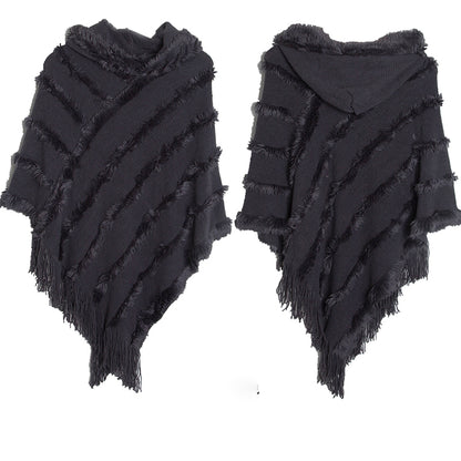 Vintage Solid Fringed Hooded Sweater Pullover Shawl elevenforest