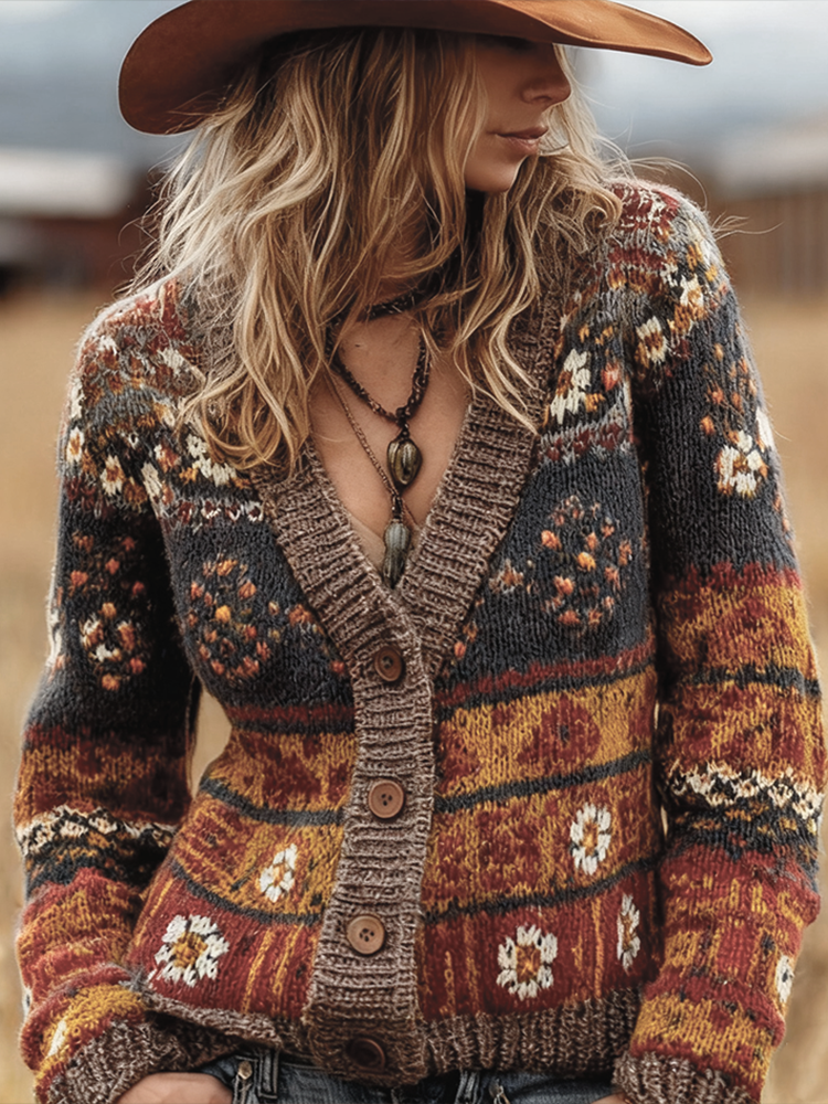 Baumwoll-Strickjacke im Boho-Knopfleisten-Design