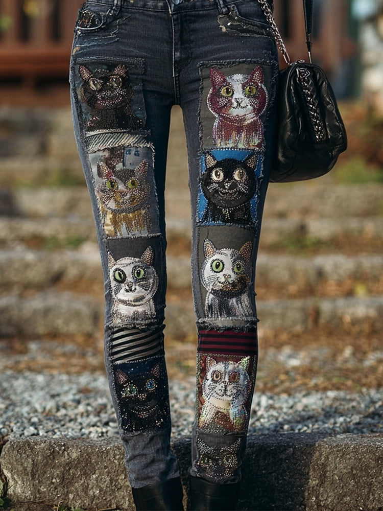 Lovely Cats Patchwork Vintage Washed Skinny Jeans elevenforest