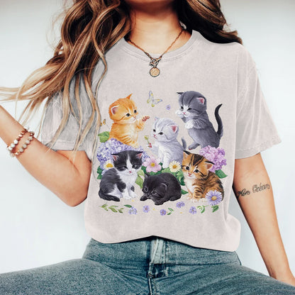 Abstract Creative  Aesthetic Cat Butterfly Flower Wildflower Cat Art Print Cotton Graphic T-shirt elevenforest