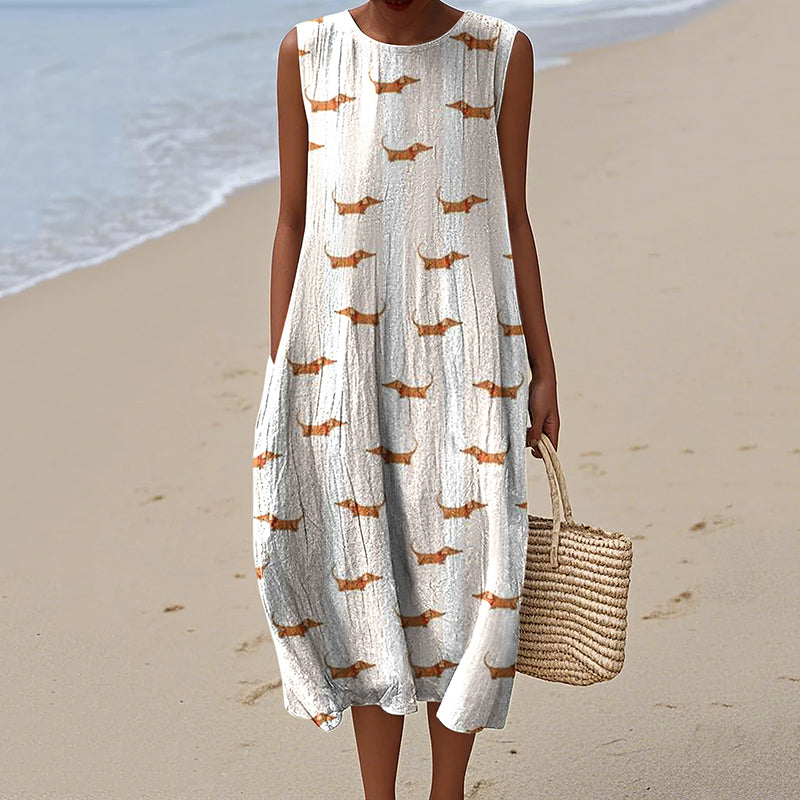 Comstylish Women's Retro Dachshund Art Print Sleeveless Dress