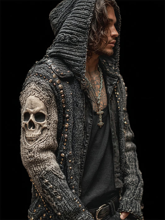 Men's 3d Skull Bleached Rock Studded Knit Hooded Cardigan elevenforest