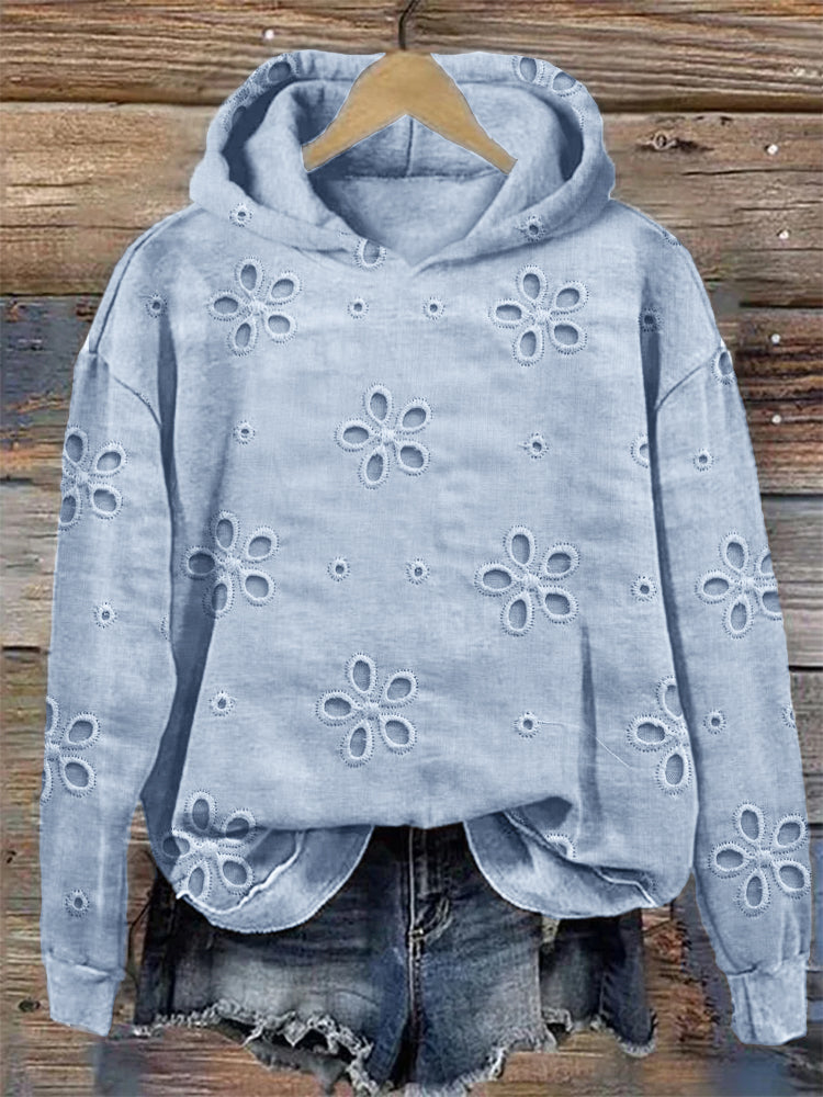 Comstylish Floral Hollow Embroidered Lace Cozy Hoodie