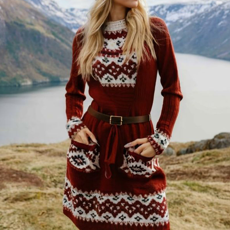 Geometric Floral Print Knitted Christmas Pocket Midi Dress artswardrobe