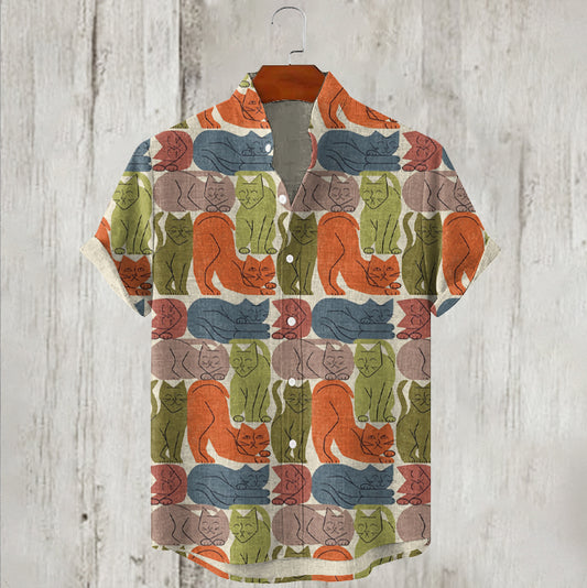 Funny Abstract Cat Graphics Print Linen Men's Shirt artswardrobe