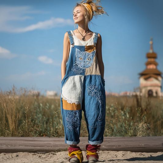 Japanese Art Style Cat And Plant Flower Pattern Embroidery Women's Cotton And Linen Overalls. elevenforest