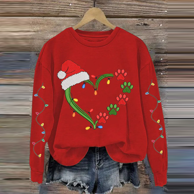 Comstylish Women's Christmas Lights Dog Paw Print Round Neck Sweatshirt