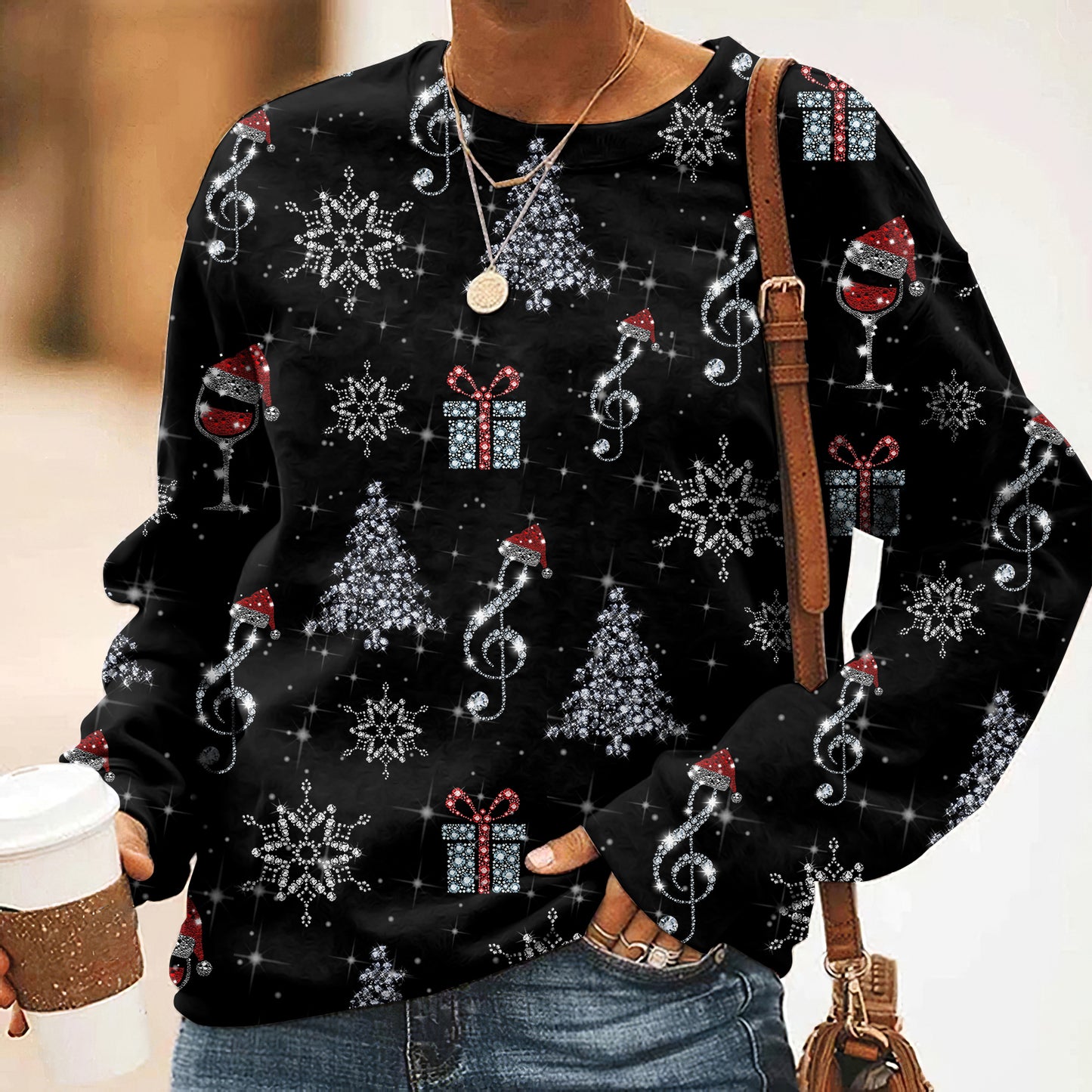 Comstylish Women's Glittery Christmas Tree Christmas Gift Print Casual Sweatshirt