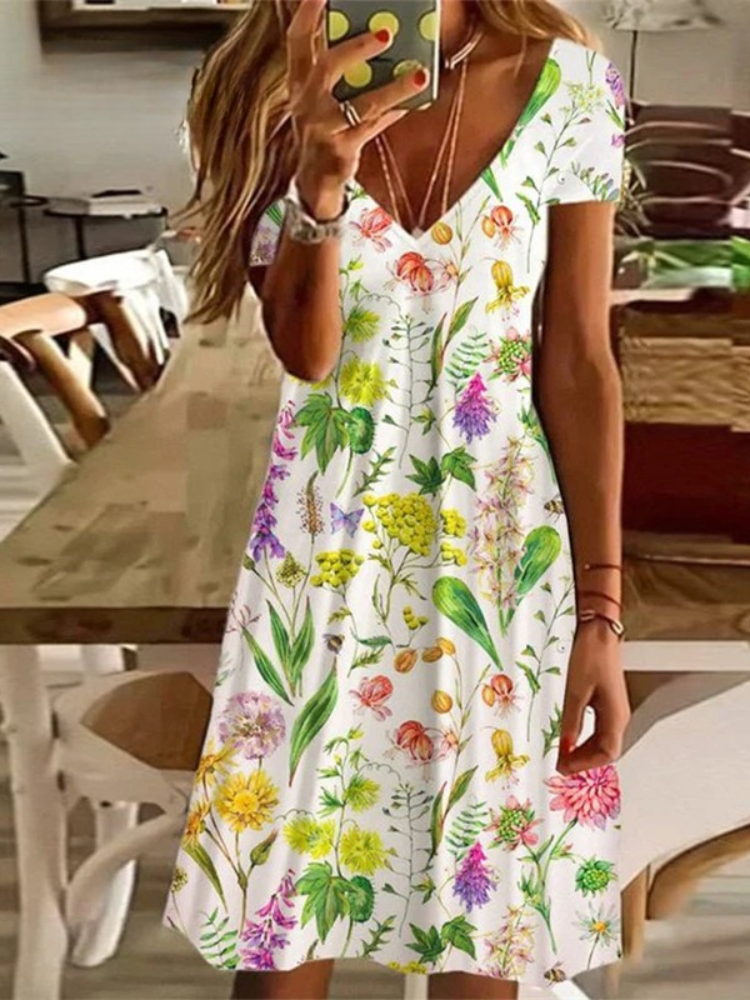 MW | Women's Sundress Midi-Kleid kurze Ärmel Floral Print Sommer lässig V Hals lose Kleider Plus Größe 2024 Weibliche Kleidung Vestidos