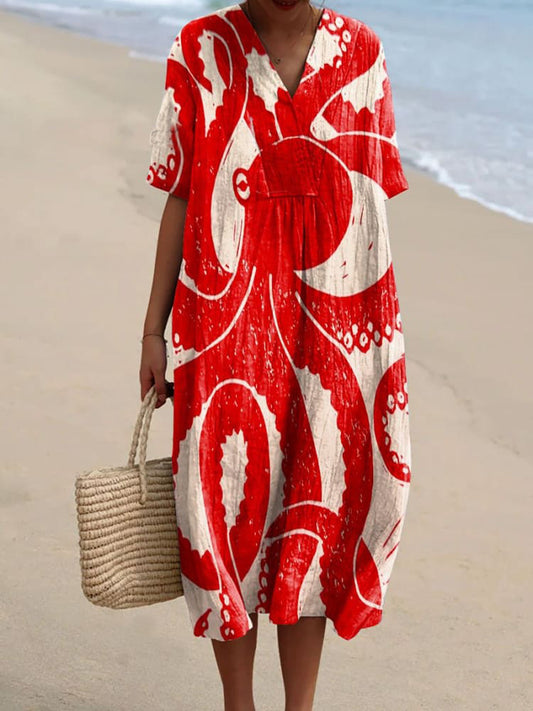 Women's Vintage Octopus Art Print Flowy Dress