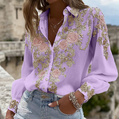 Comstylish Women's Pink Rose Embroidery Art Long Sleeve Linen Blend Shirt
