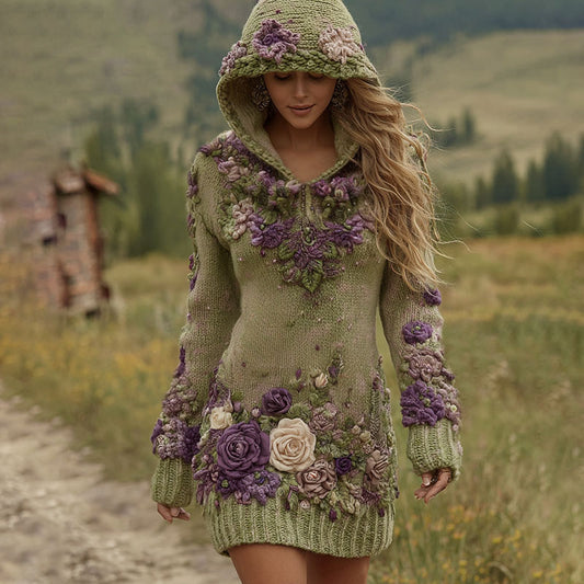 Classy Gradient Purple Lavender And Floral Art Cozy Knit Mini Hooded Dress artswardrobe