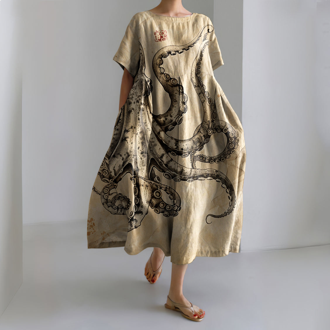Comstylish Retro Japanese Art Octopus Print Casual Midi Dress
