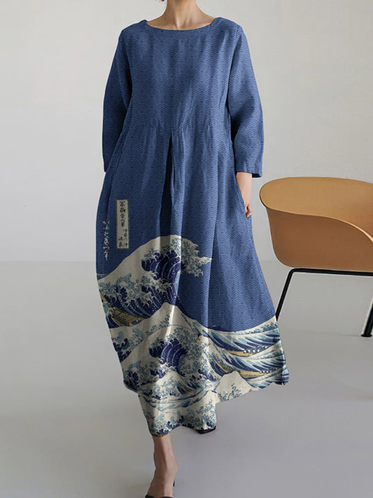 Women Japanese Art Pattern Linen Blend Maxi Dress