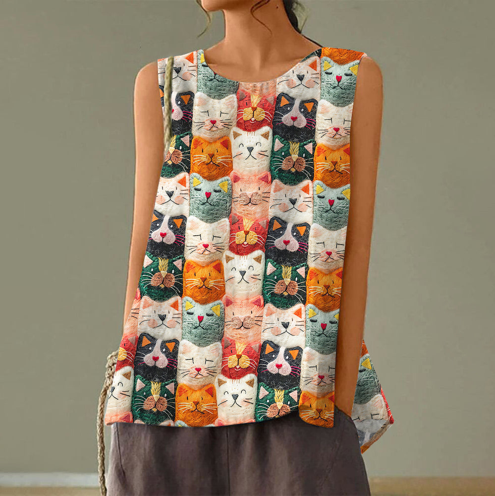 Women's Pop Art Embroidered Cat Print Tank Top elevenforest