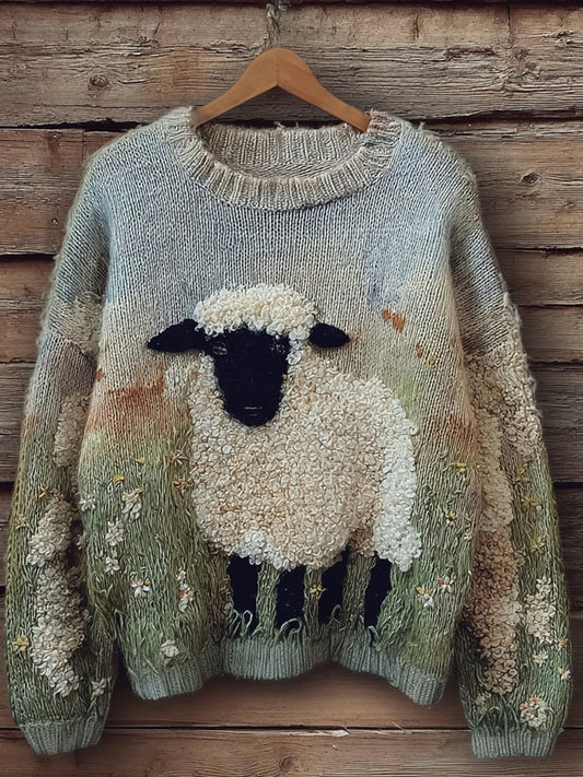 Comstylish Lovely Fuzzy Blacknose Sheep Embroidered Cozy Knit Sweater