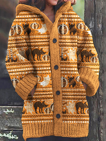 Black Cat Ghost And Black And White Pumpkin Halloween Pattern Women's Hooded Cardigan elevenforest
