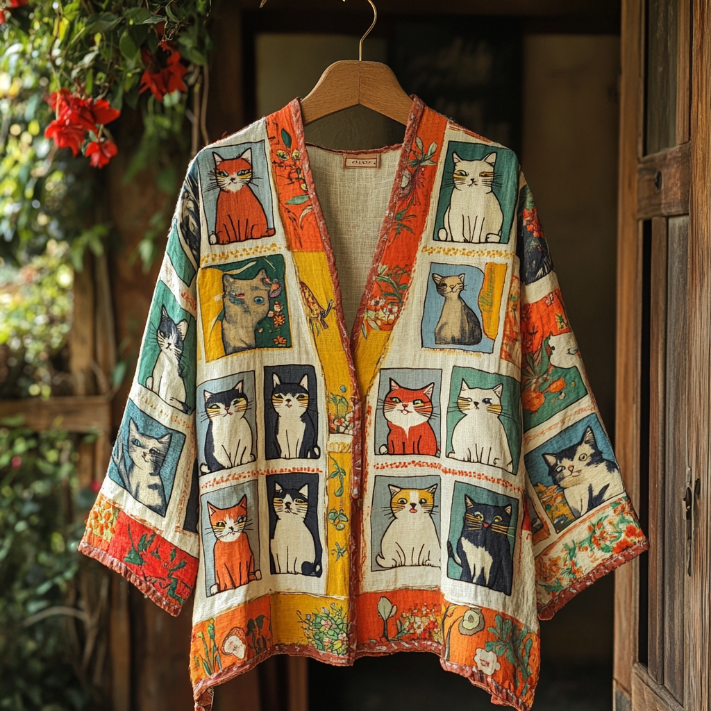 Women's Pop Art Cat V-neck Cotton Line Kimono elevenforest