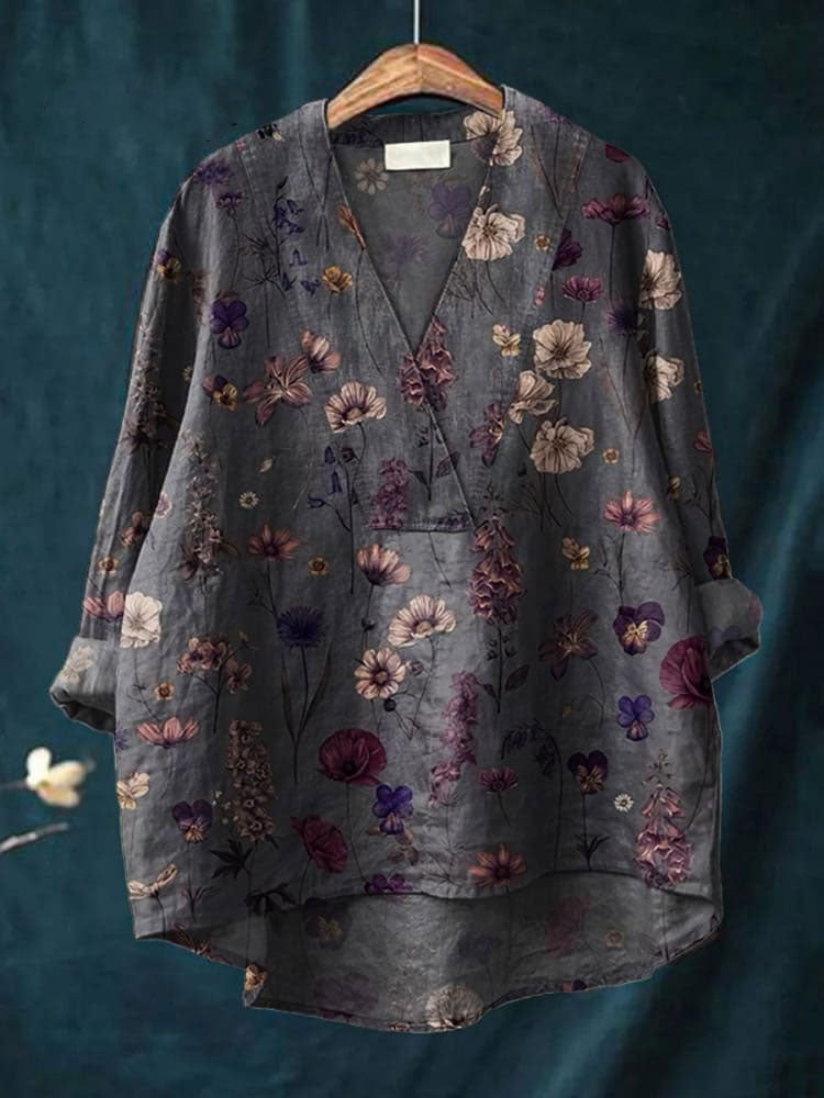 Women's  Flower Art Print Casual Cotton And Linen V-neck Shirt