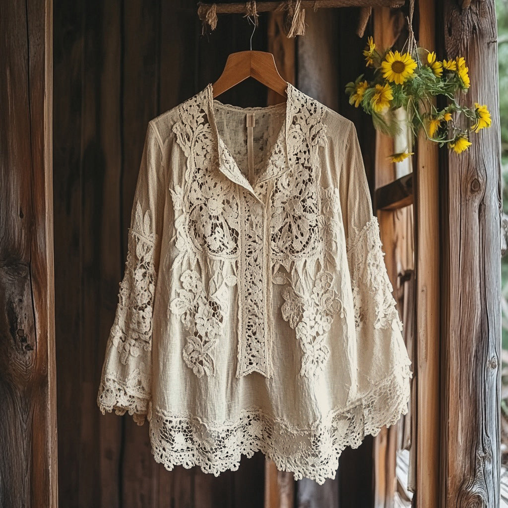 Comstylish Women's Retro Floral Lace Embroidery Art V-neck Shirt