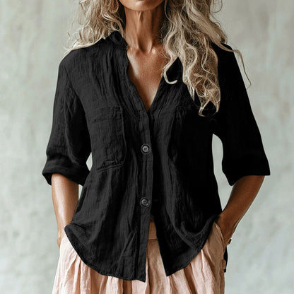 Women's Vintage Solid Color Multiple Pockets Linen Shirt artswardrobe