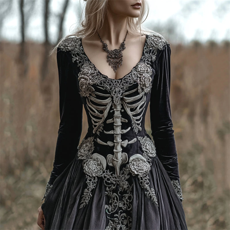 Comstylish Vintage Skeleton Floral Fiber Art Cozy Velvet Maxi Dress