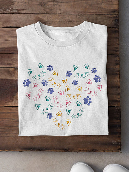 Cute Cat Embroidery Pattern Casual Cotton Short Sleeve T-Shirt elevenforest