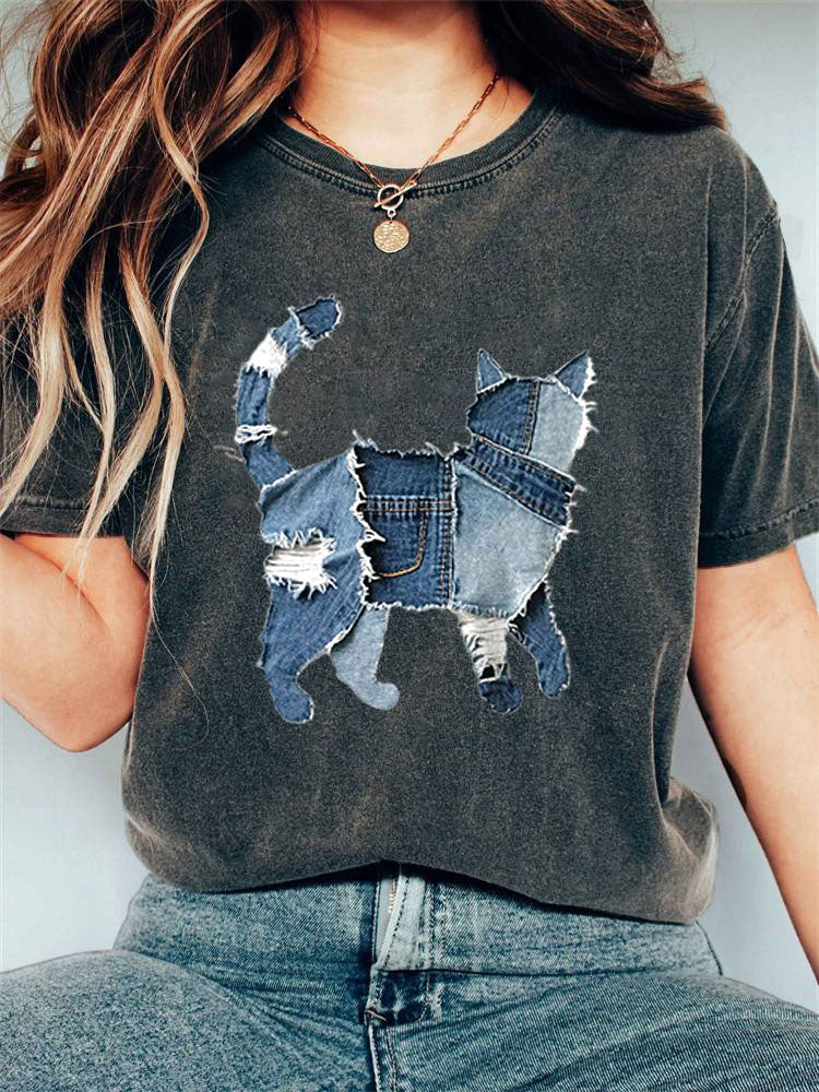 Women's Casual Funny Denim Cat Print T-shirt elevenforest
