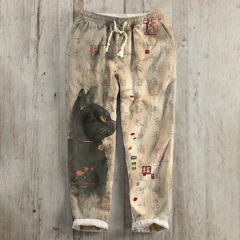 Men's Retro Black Cat Japanese Character Art Print Stretch Waist Pants elevenforest