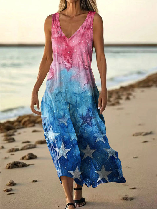 Women's Star Gradient Colorblocking Pattern Art Print Pocket Cotton Dr