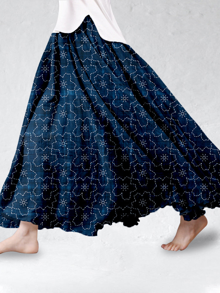 Comstylish Cherry Blossom Japanese Sashiko Art Linen Blend Flowy Wide Skirt