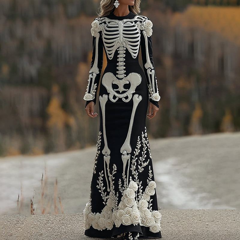 Comstylish Women's Halloween Skeleton Bones With Rose Art Cozy Long Sleeve Maxi Dress
