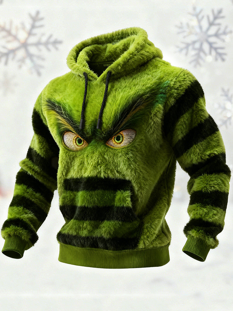 Comstylish Men's Christmas Monster Santa Claus Striped Cozy Plush Hoodie