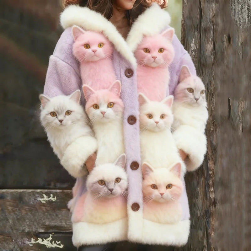 Woll-Strickjacke mit vielen Katzen-Print