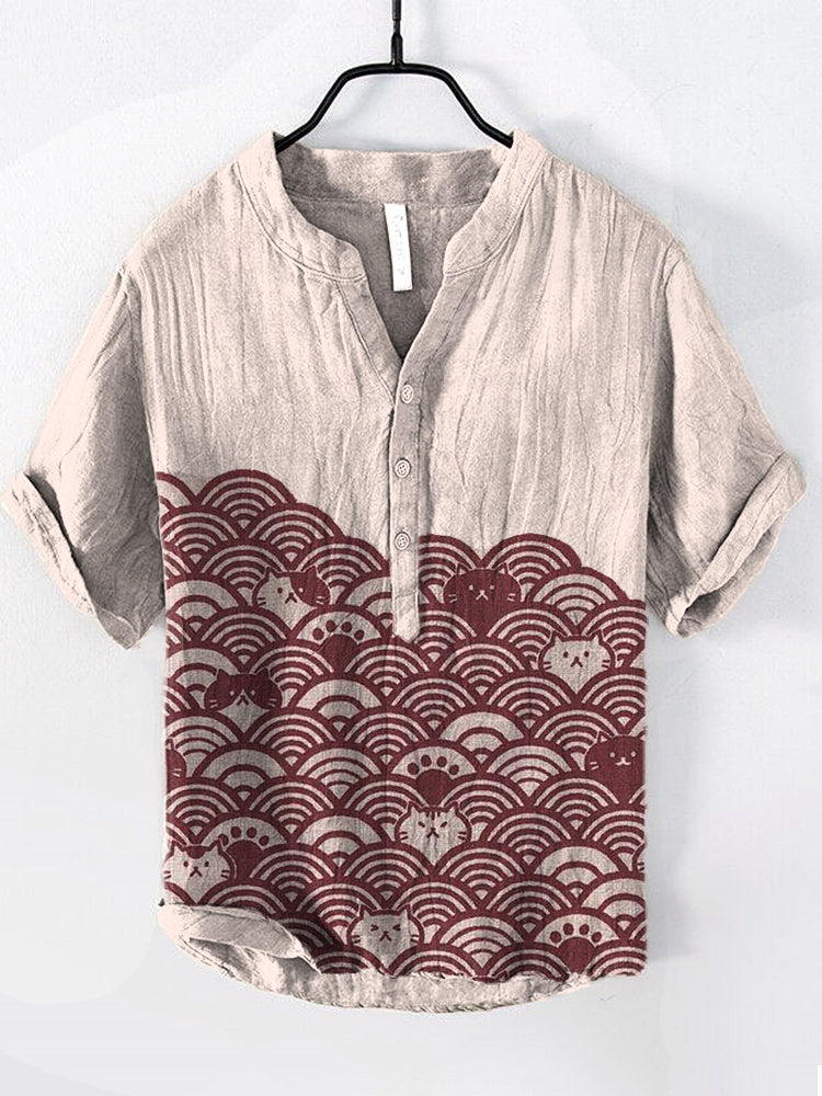 Cats & Waves Japanese Art Print Cozy Cotton Linen Shirt elevenforest