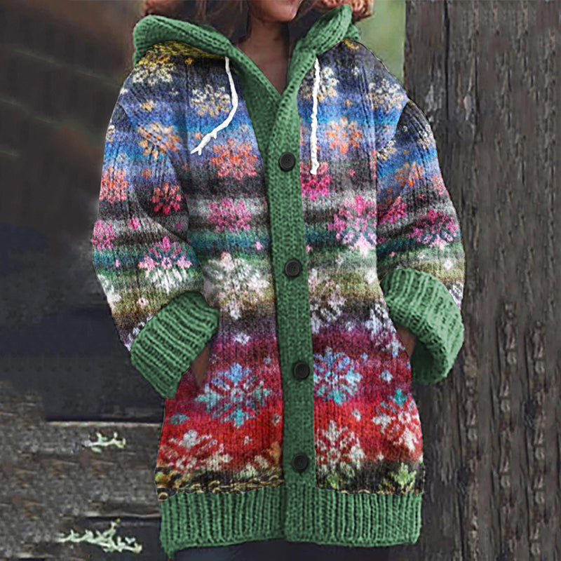 Baumwoll-Kapuzenstrickjacke mit Regenbogen-Verlauf und floralem Ombré-Design