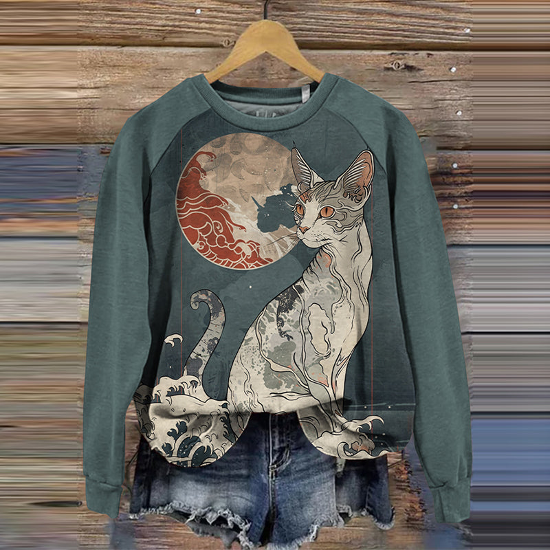 Japanese Art Cat Print Crew Neck Sweatshirt elevenforest