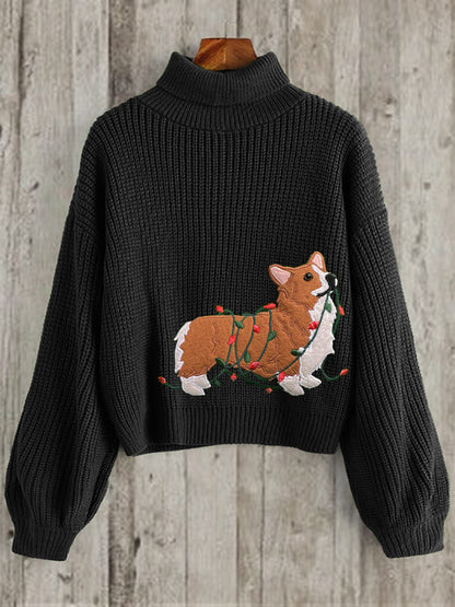 Comstylish Funny Christmas Corgi Dog Embroidered Cozy Turtleneck Sweater