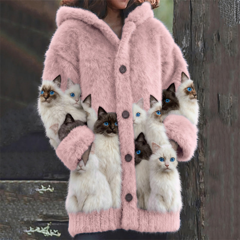 Woll-Strickjacke mit schwarz-weißem Katzen-Print